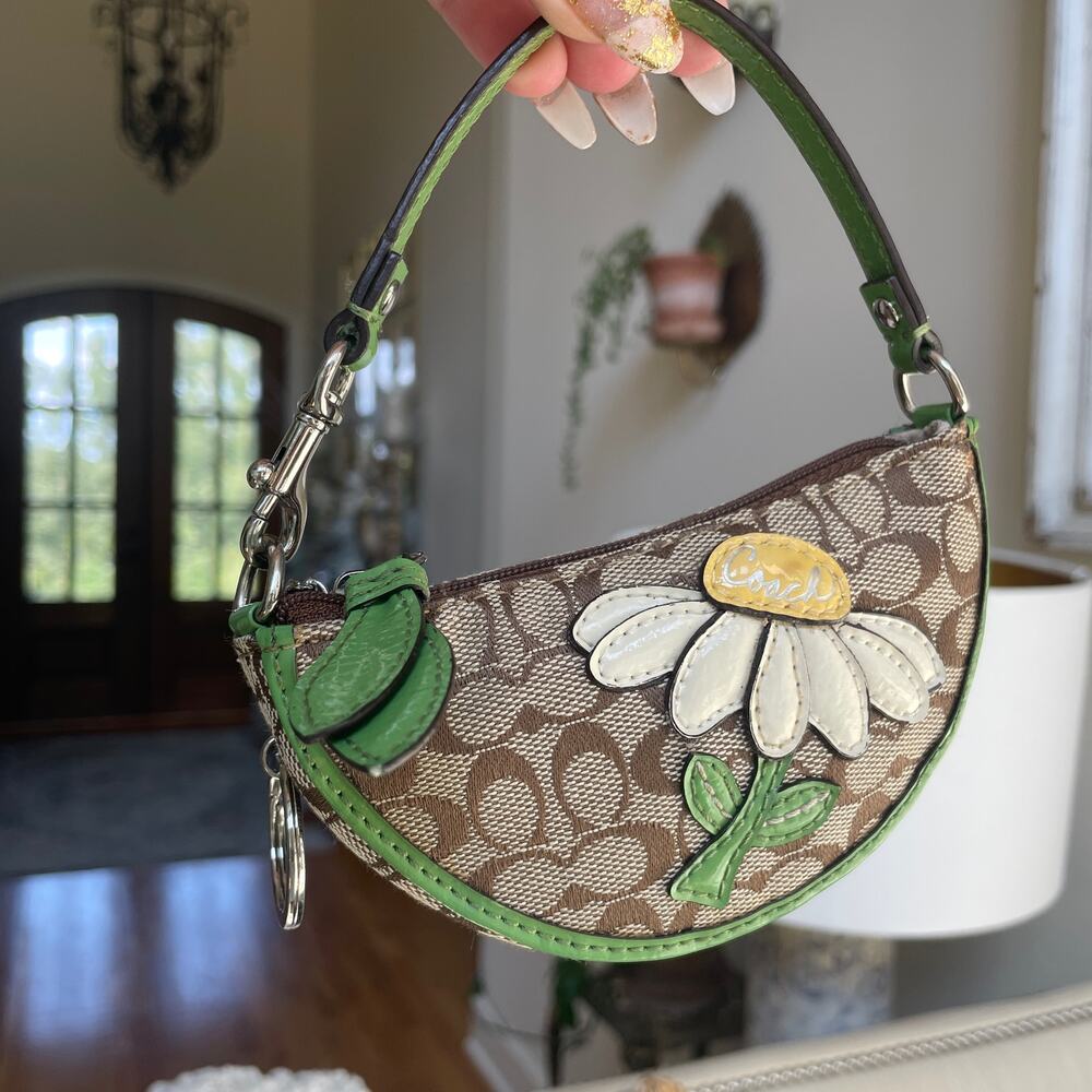 RARE Y2K Coach Brown Signature Daisy Wristlet Green Leather Mini Bag Coin Pouch